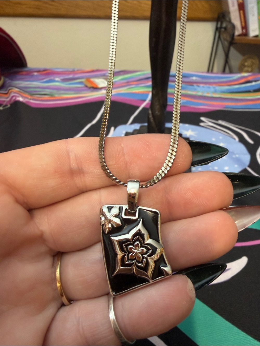 Lia Sophia Black and Silver Floral Pendant Necklace